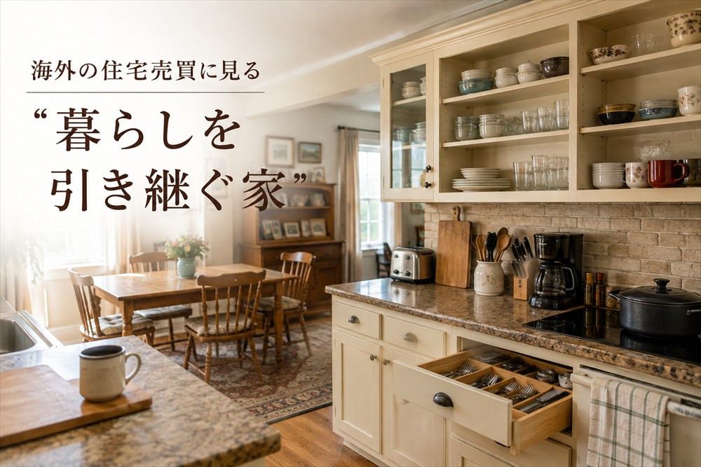 家具や食器、調理器具など、暮らしに使うものが残された住宅をイメージした画像。住まいとともに生活用品を次の人へ引き継ぐ、ホームリレープロジェクトの考え方を表現しています。